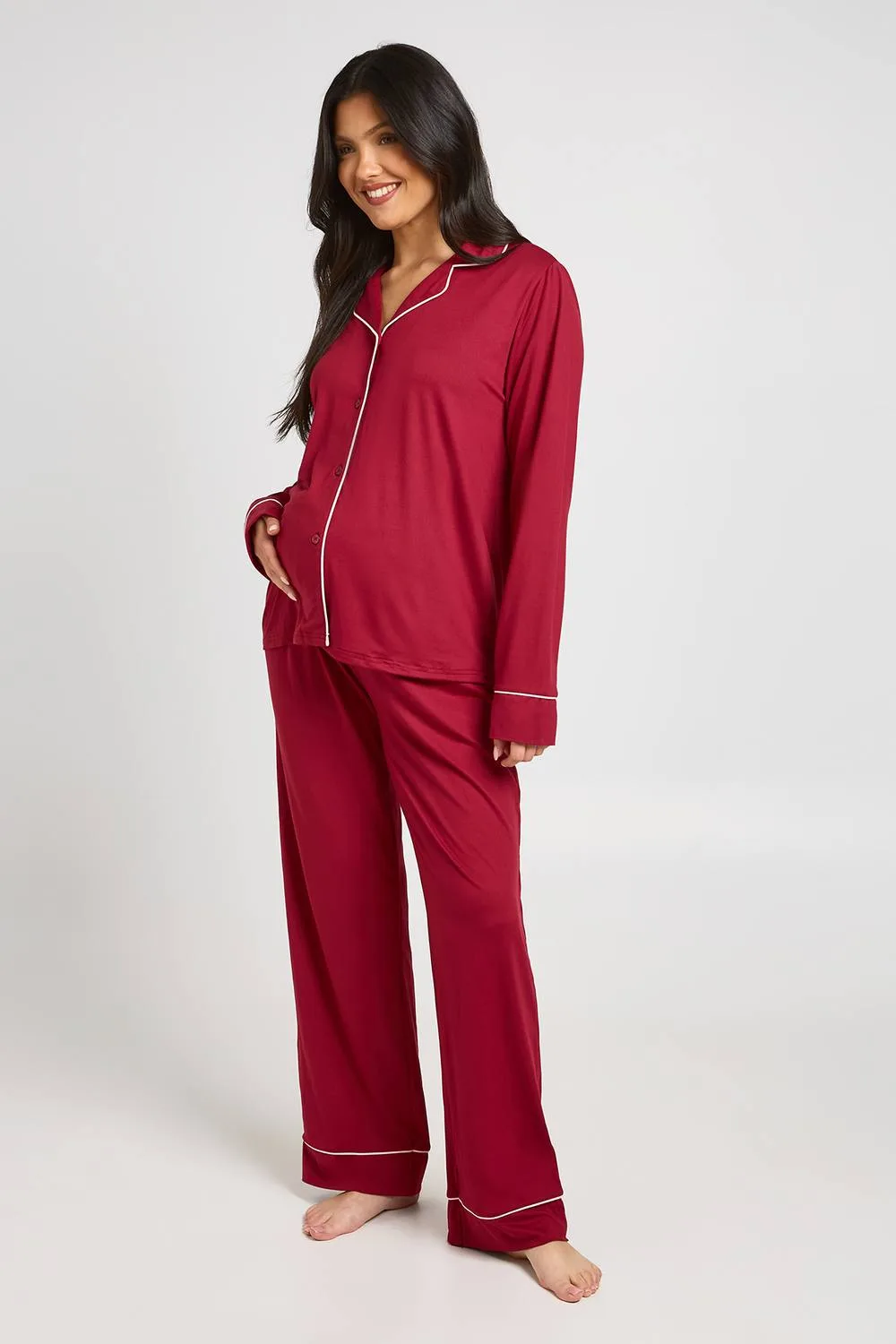 Maternity Piping Detail Long Sleeve Shirt & Trouser Pyjama Set by boohoo