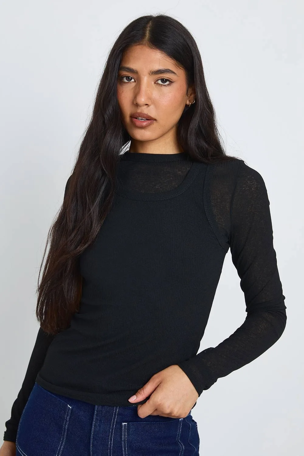Tall Double Layer Sheer Rib Racer Long Sleeve Top by boohoo