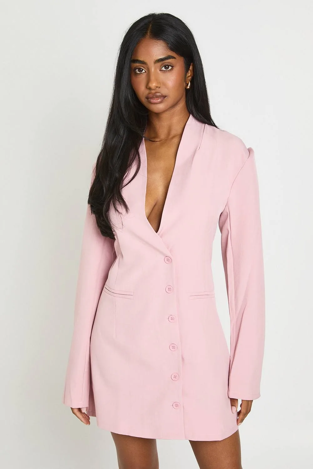 Tailored Shoulder Pad Deep V Neck Button Down Blazer Dress by boohoo