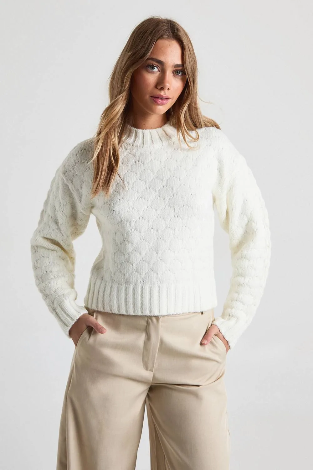 Chunky Textured Knit Crew Neck Boxy Jumper by boohoo