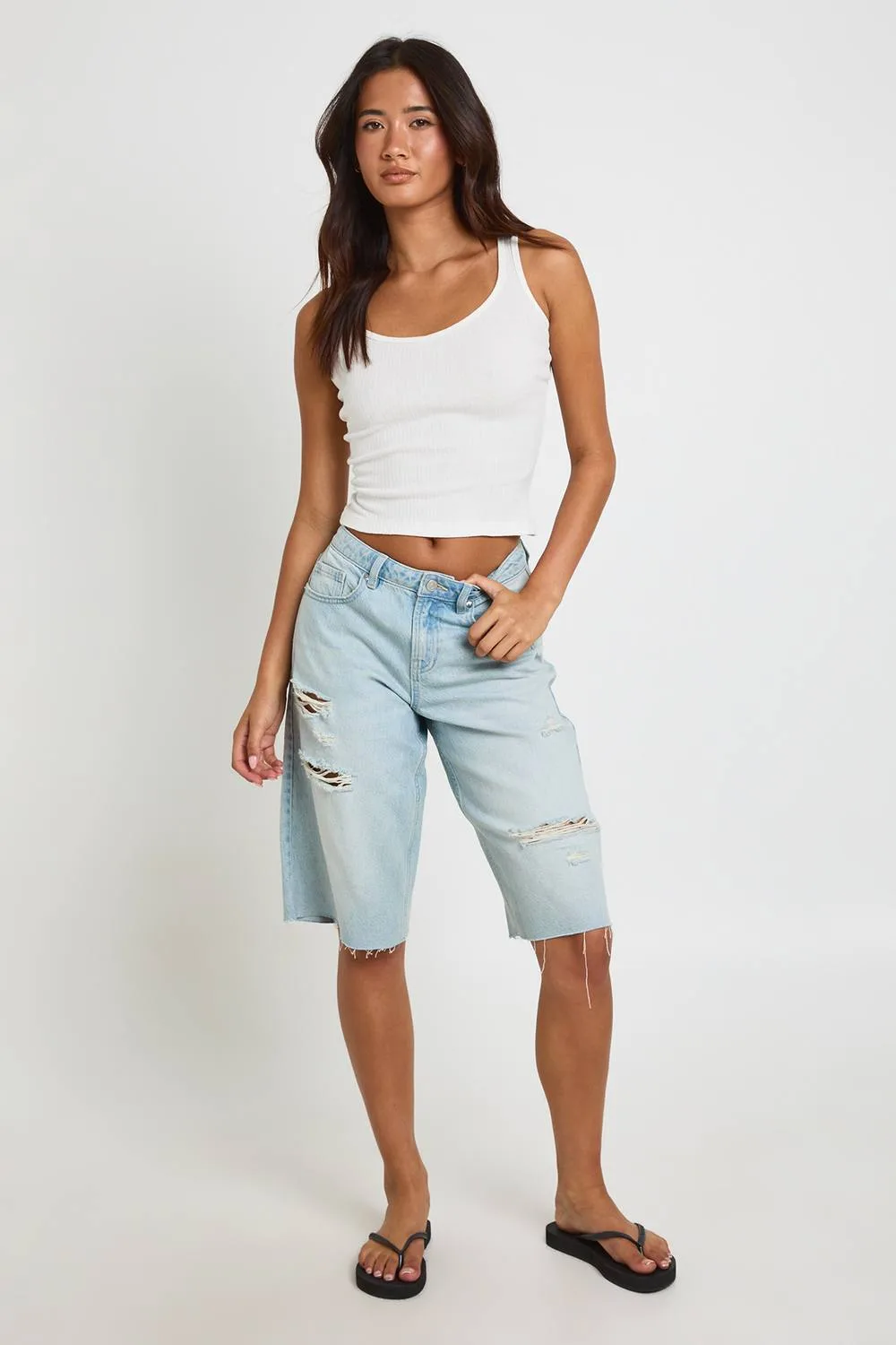 Mid Waist Ripped Denim Jorts by boohoo