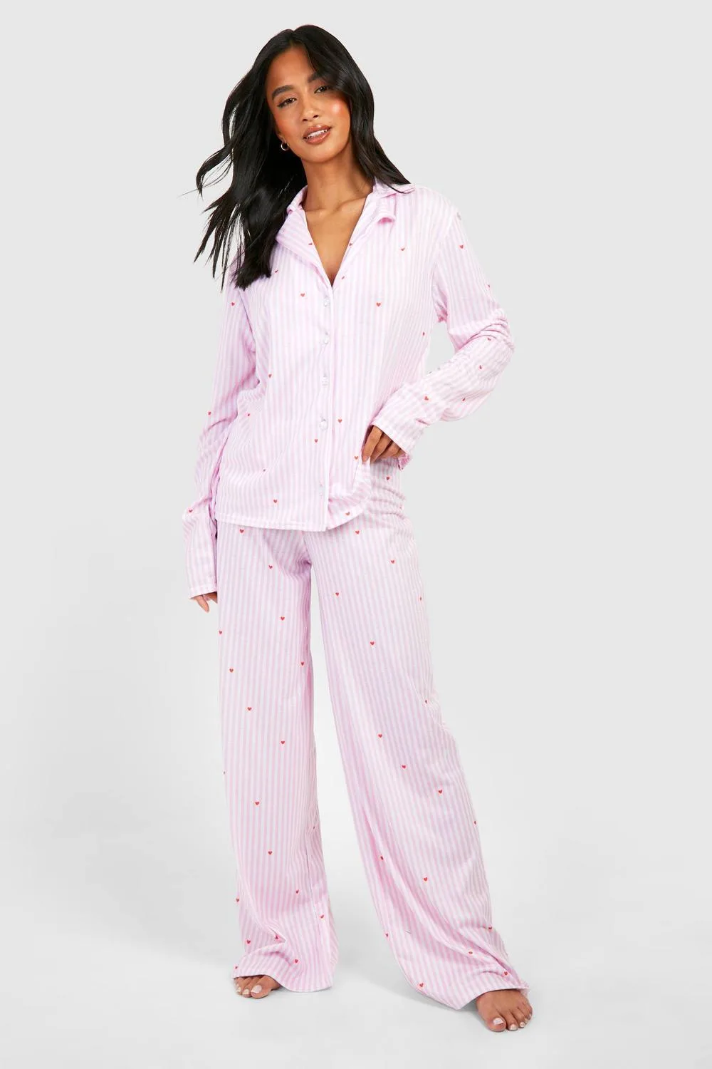Pinstripe Heart Print Long Sleeve Shirt & Trousers Pyjama Set by boohoo