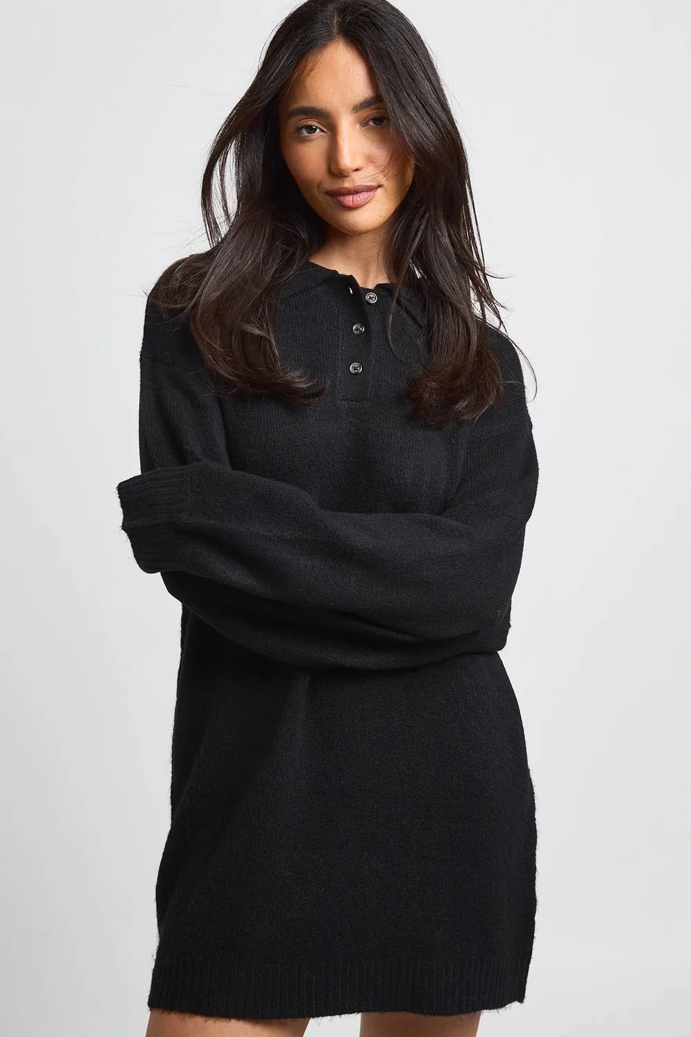 Collared Button Down Oversized Knitted Jumper Dress by boohoo