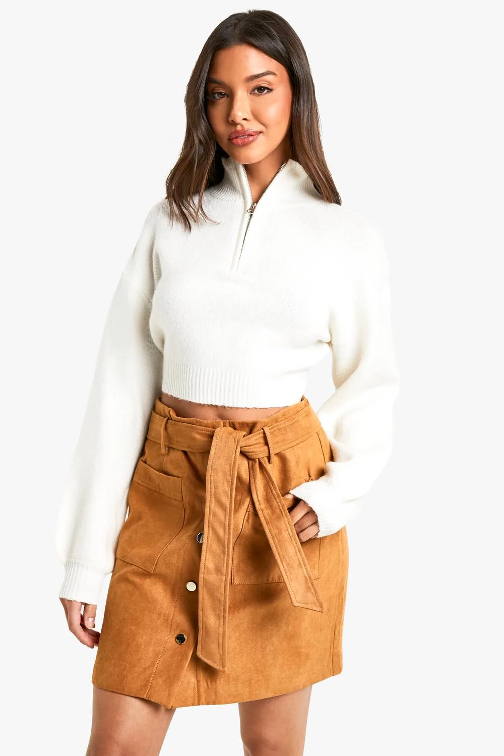 Belted Button Through Suede Look Mini Skirt by boohoo