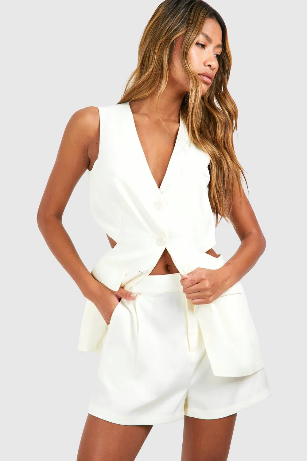 Linen Look Open Back Longline Waistcoat by boohoo