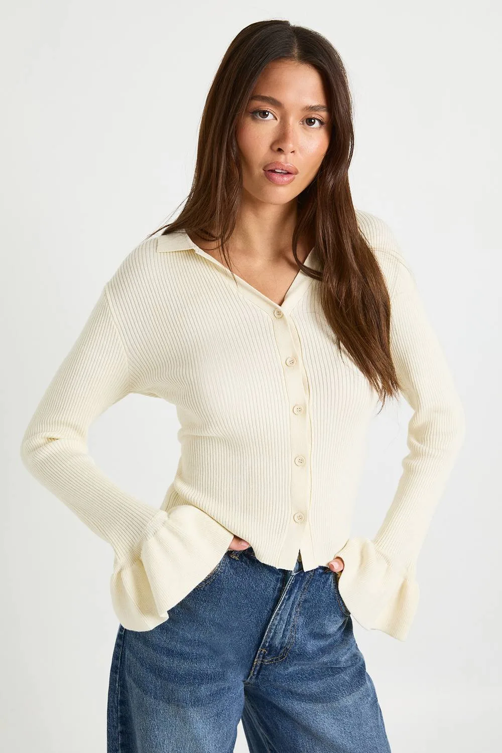 Collar Detail Flare Sleeve Knitted Cardigan by boohoo