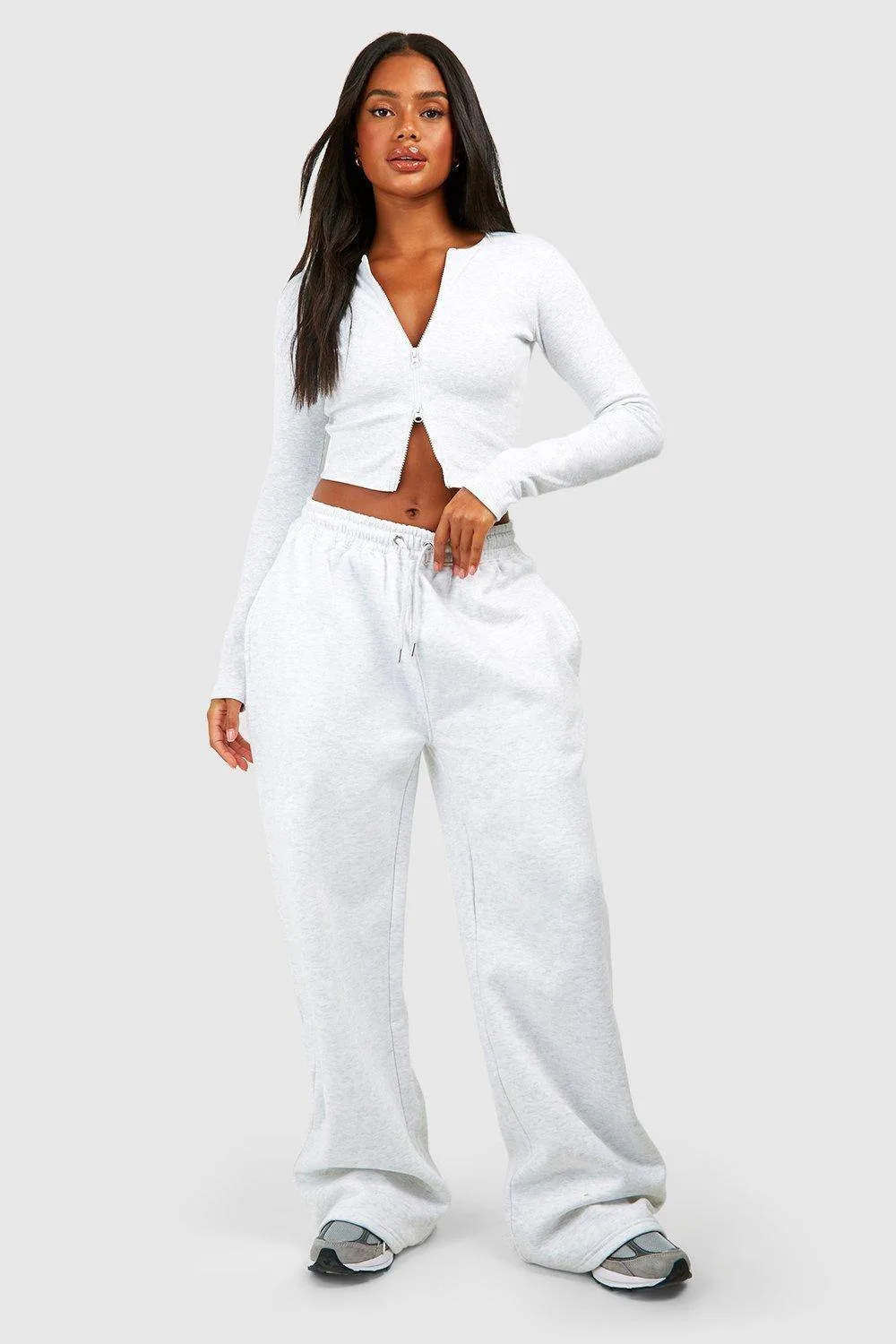 Double Zip Long Sleeve Rib Top & Straight Leg Jogger Set by boohoo