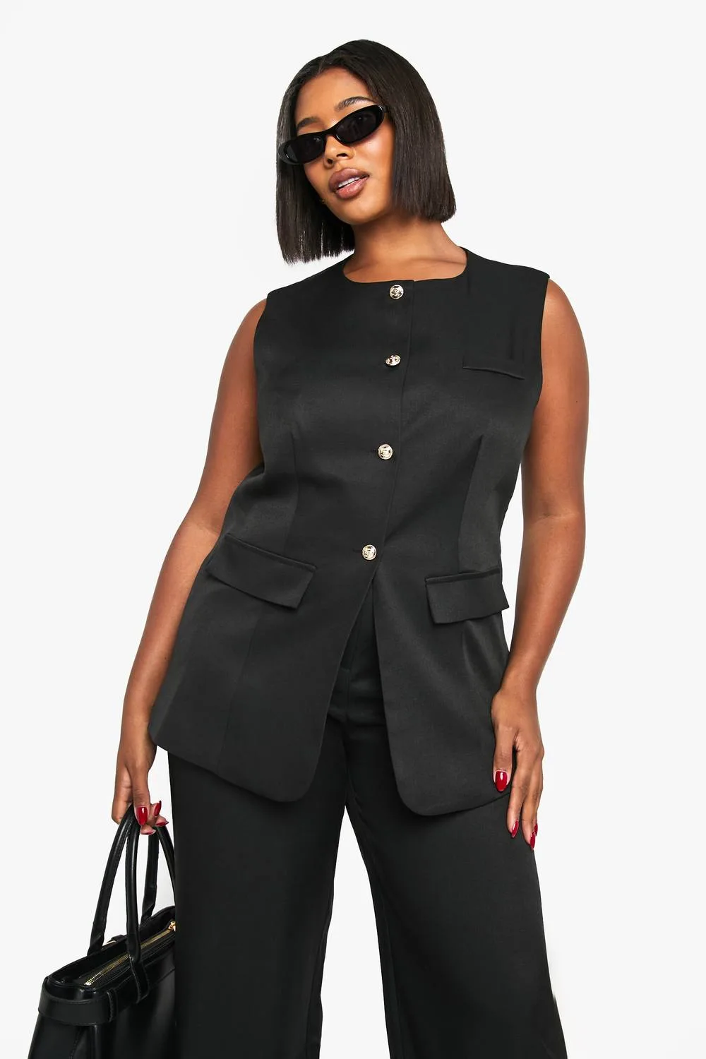 Gold Button Longline Waistcoat by boohoo