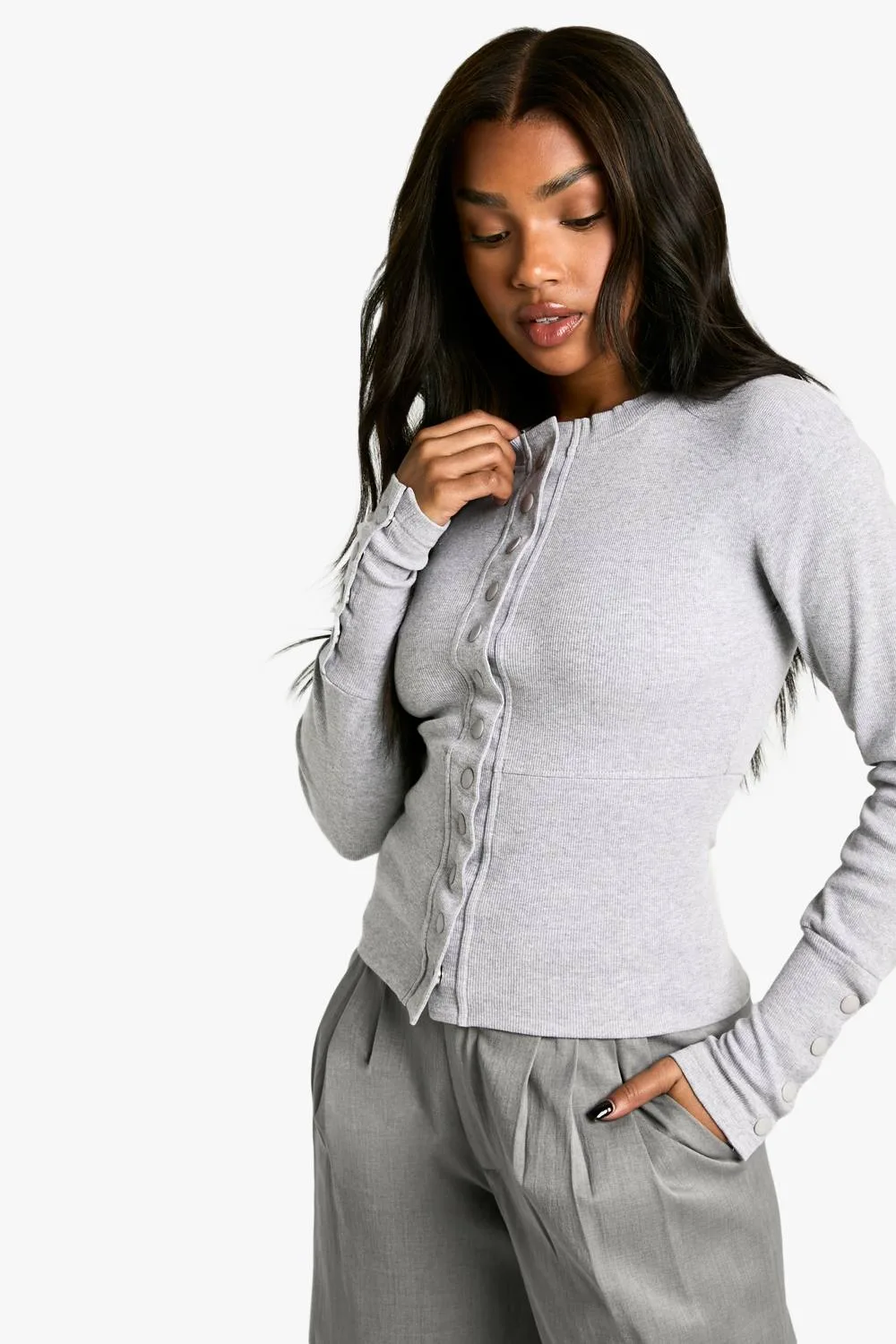 Ribbed Popper Cinched in Waist Long Sleeve Top by boohoo