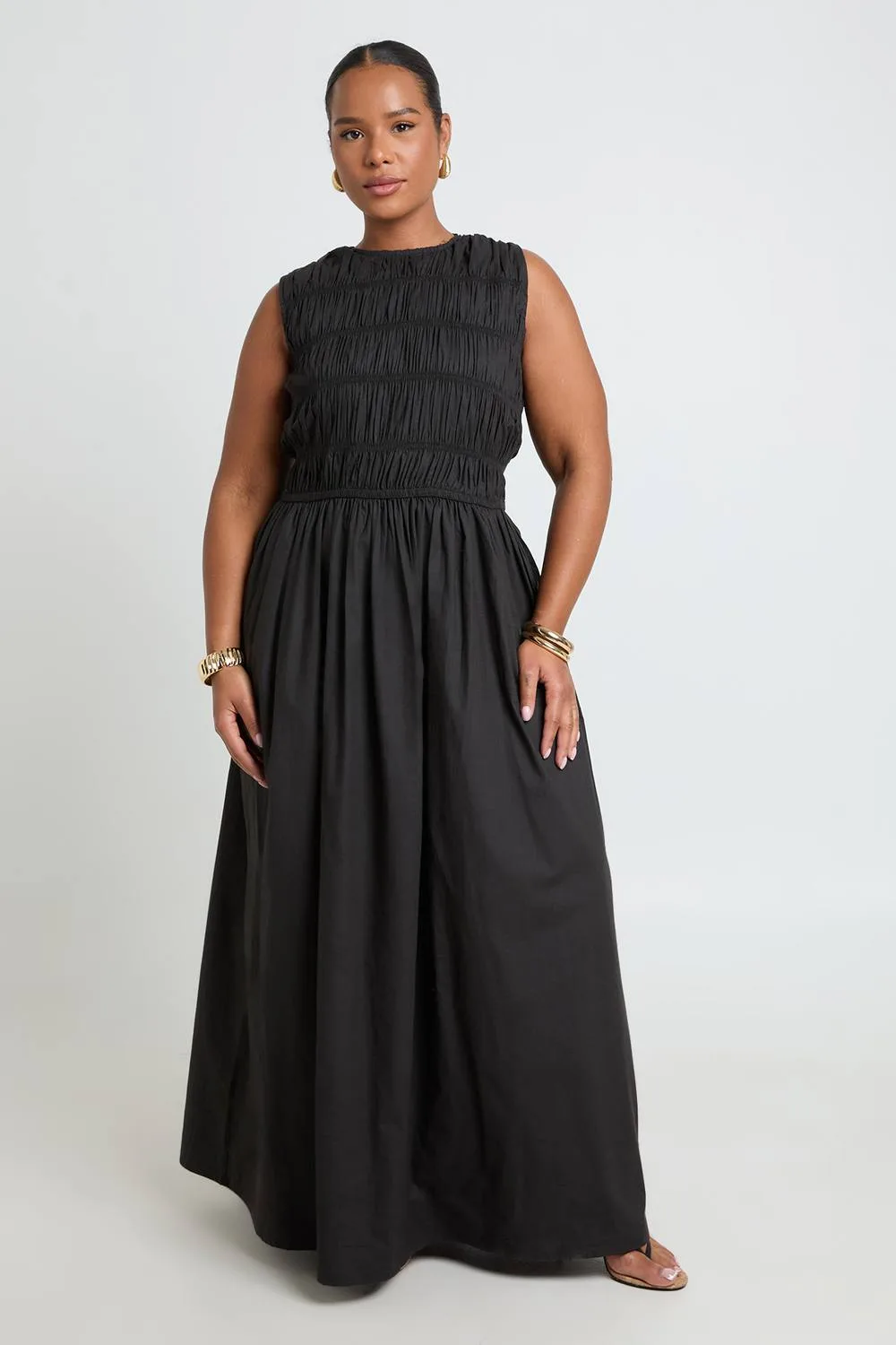 Cotton Poplin Shirred Maxi Dress by boohoo