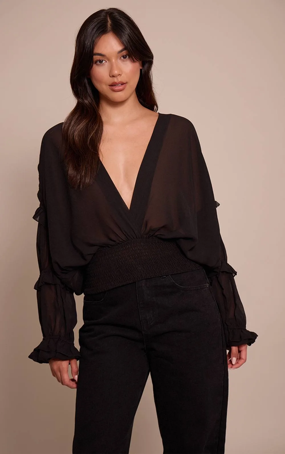 Chiffon Ruffle Detail Plunge Blouse