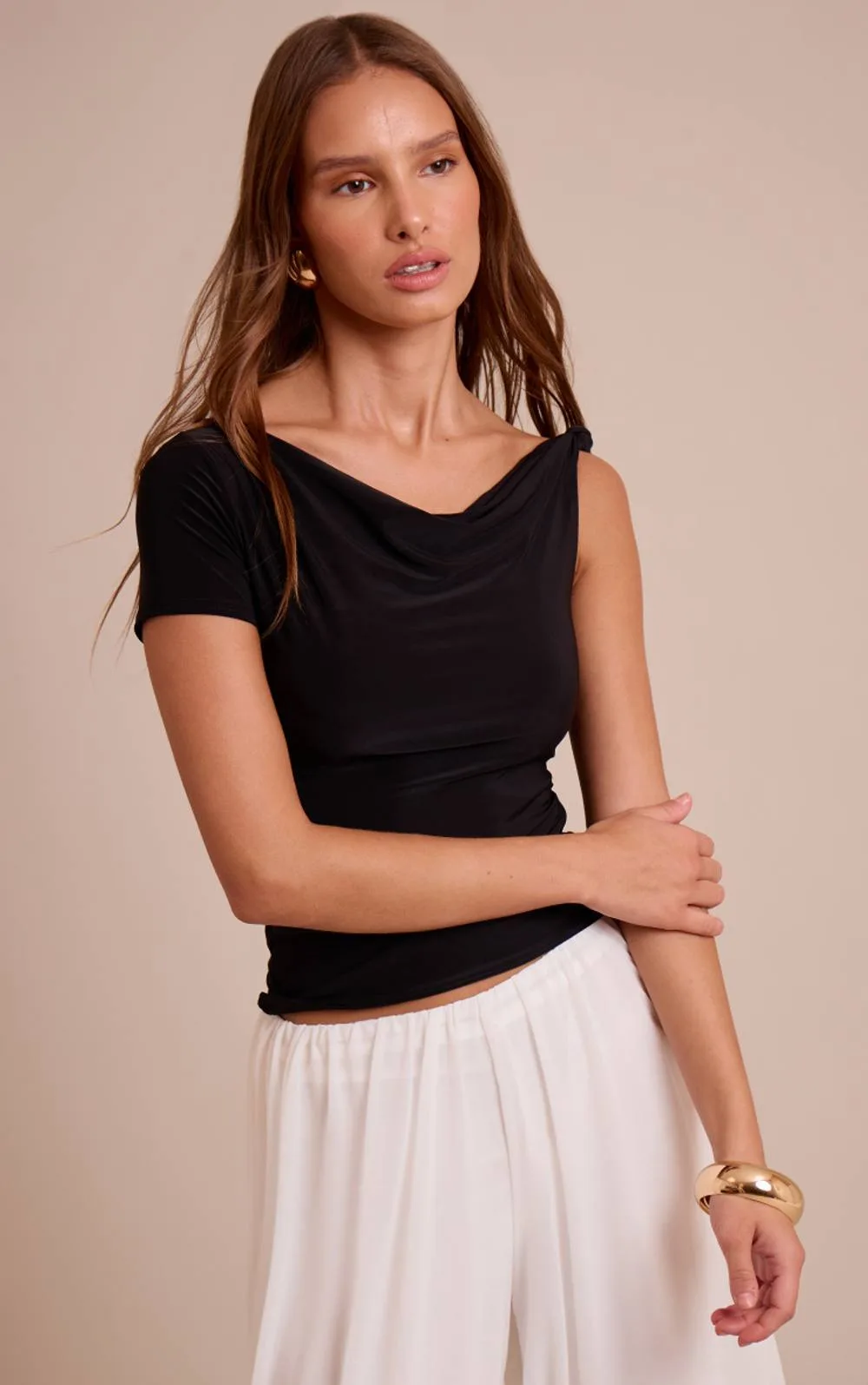 Double Layer Slinky Asymmetric Knot Detail Long Top