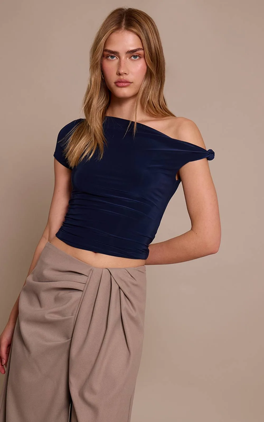 Double Layer Slinky Asymmetric Knot Detail Long Top
