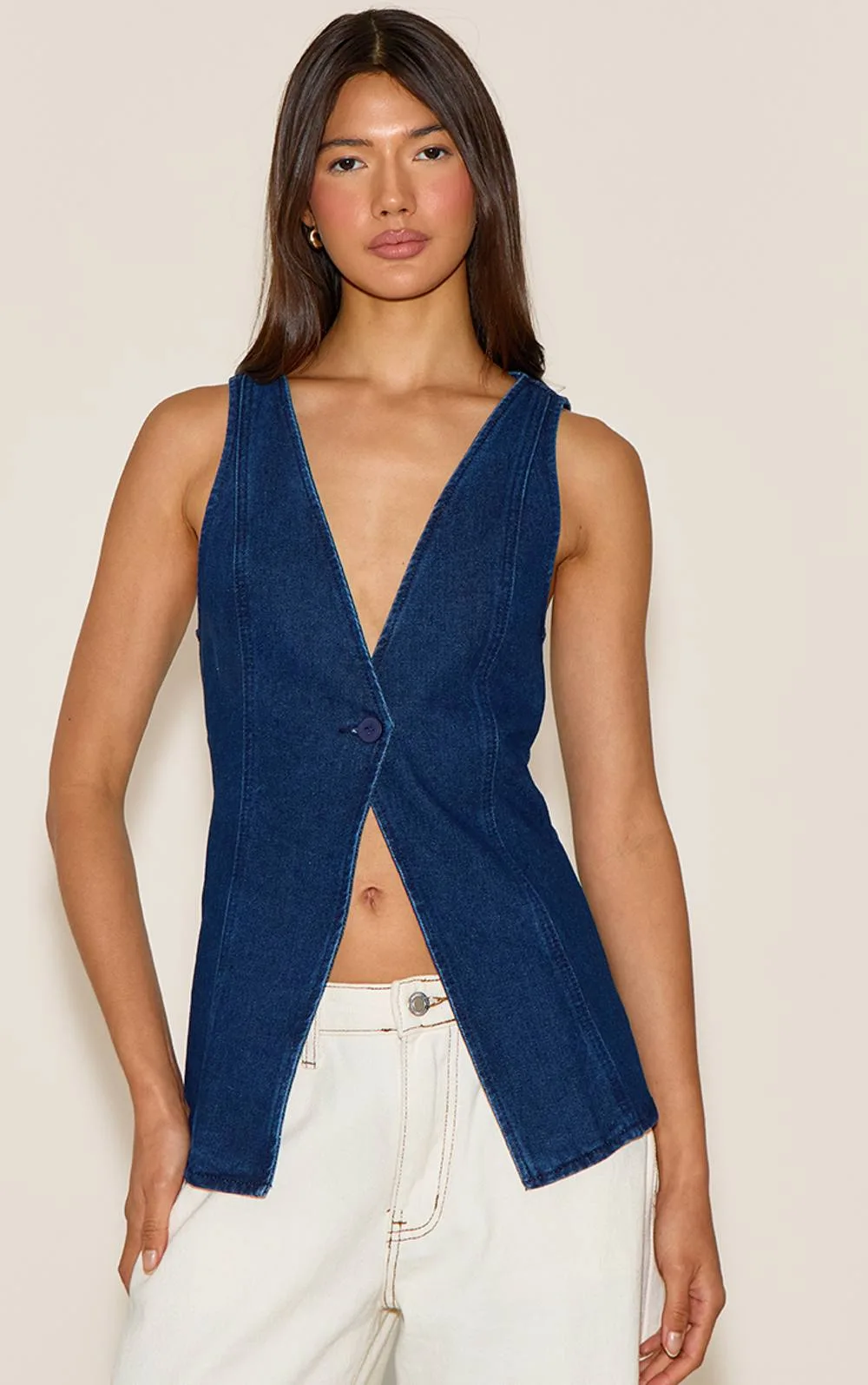 Button Detail Sleeveless Denim Waistcoat