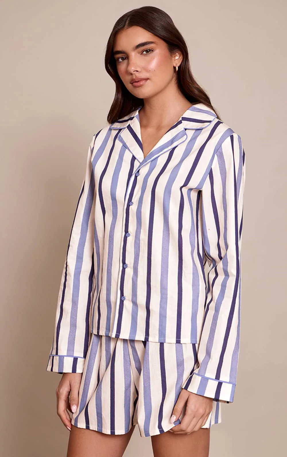 Stripe Poplin Long Sleeve Top and Shorts Pajama Set