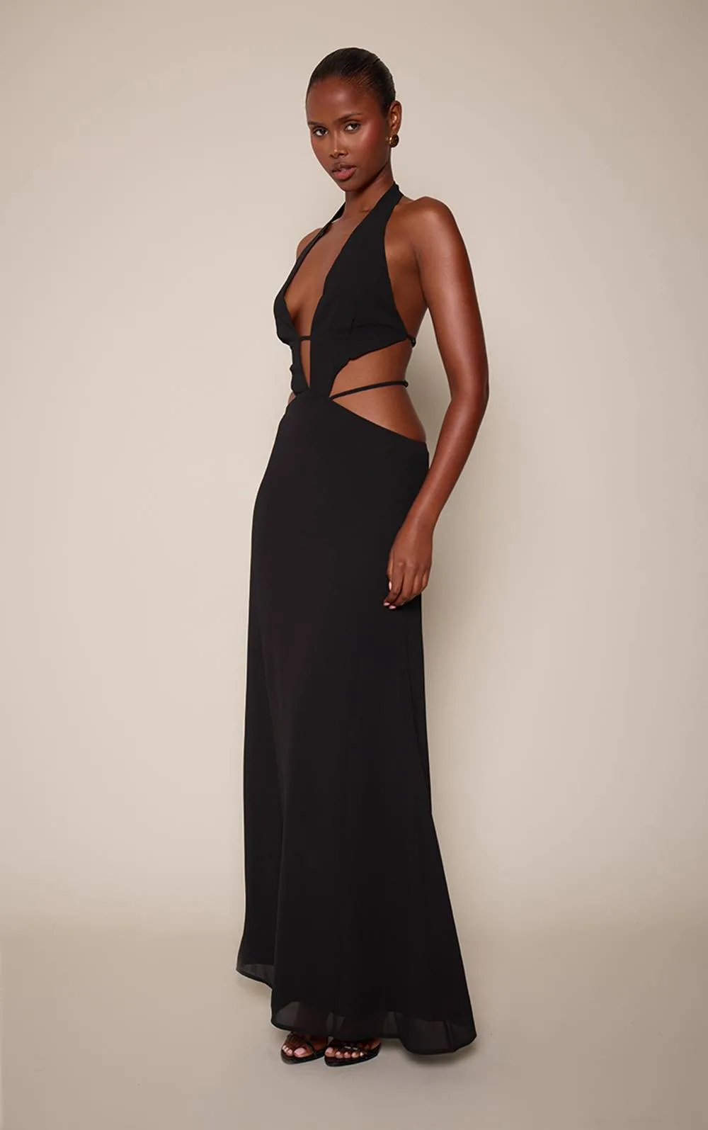 Chiffon Deep Plunge Cut Out Maxi Dress
