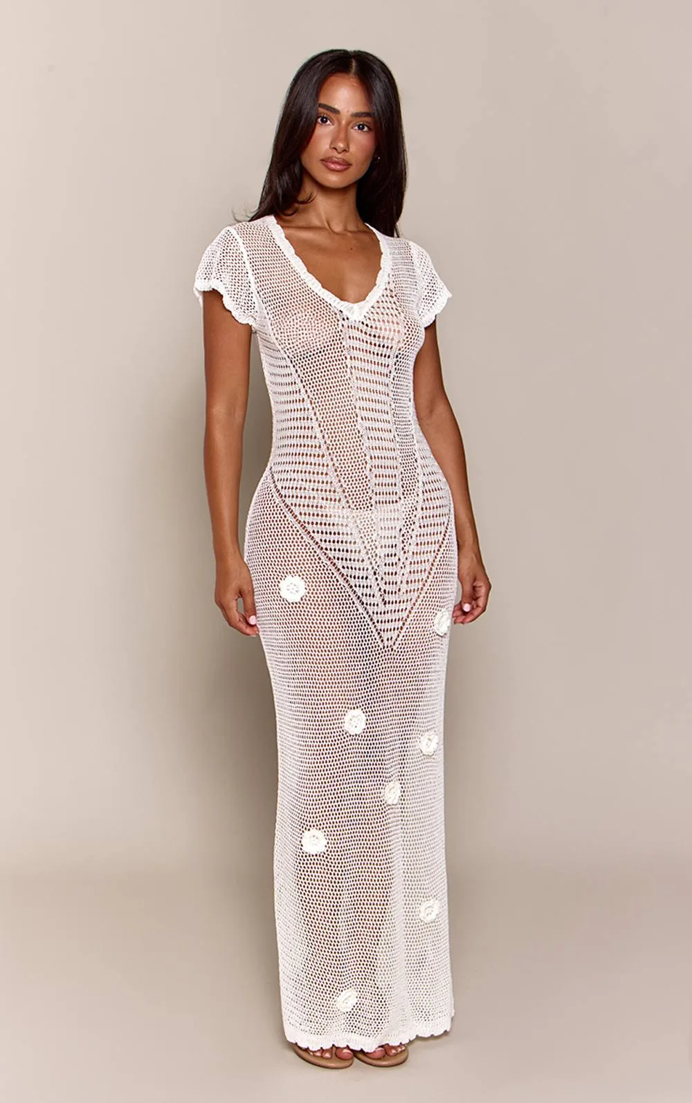Floral Applique V Neck Knit Maxi Dress
