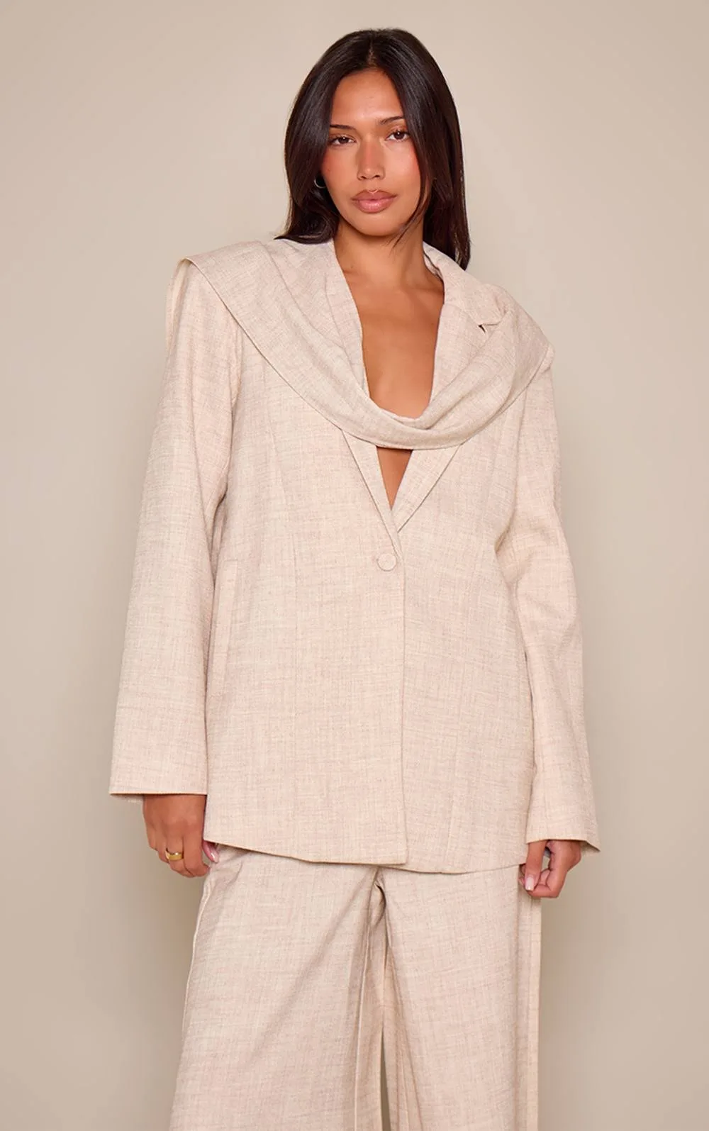 Woven Drape Scarf Detail Oversized Blazer Co-Ord