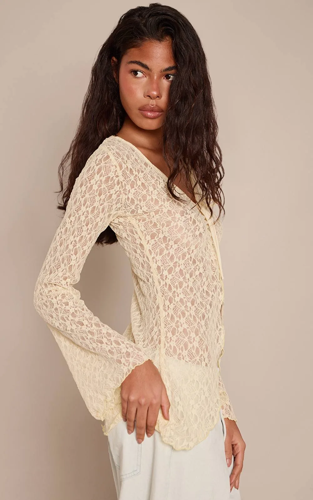 Textured Lace Longline Long Sleeve Top by PrettyLittleThing