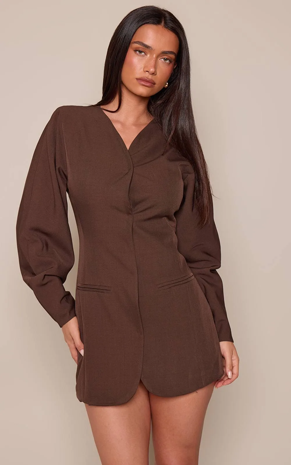 Woven Balloon Sleeve Collarless Blazer Dress