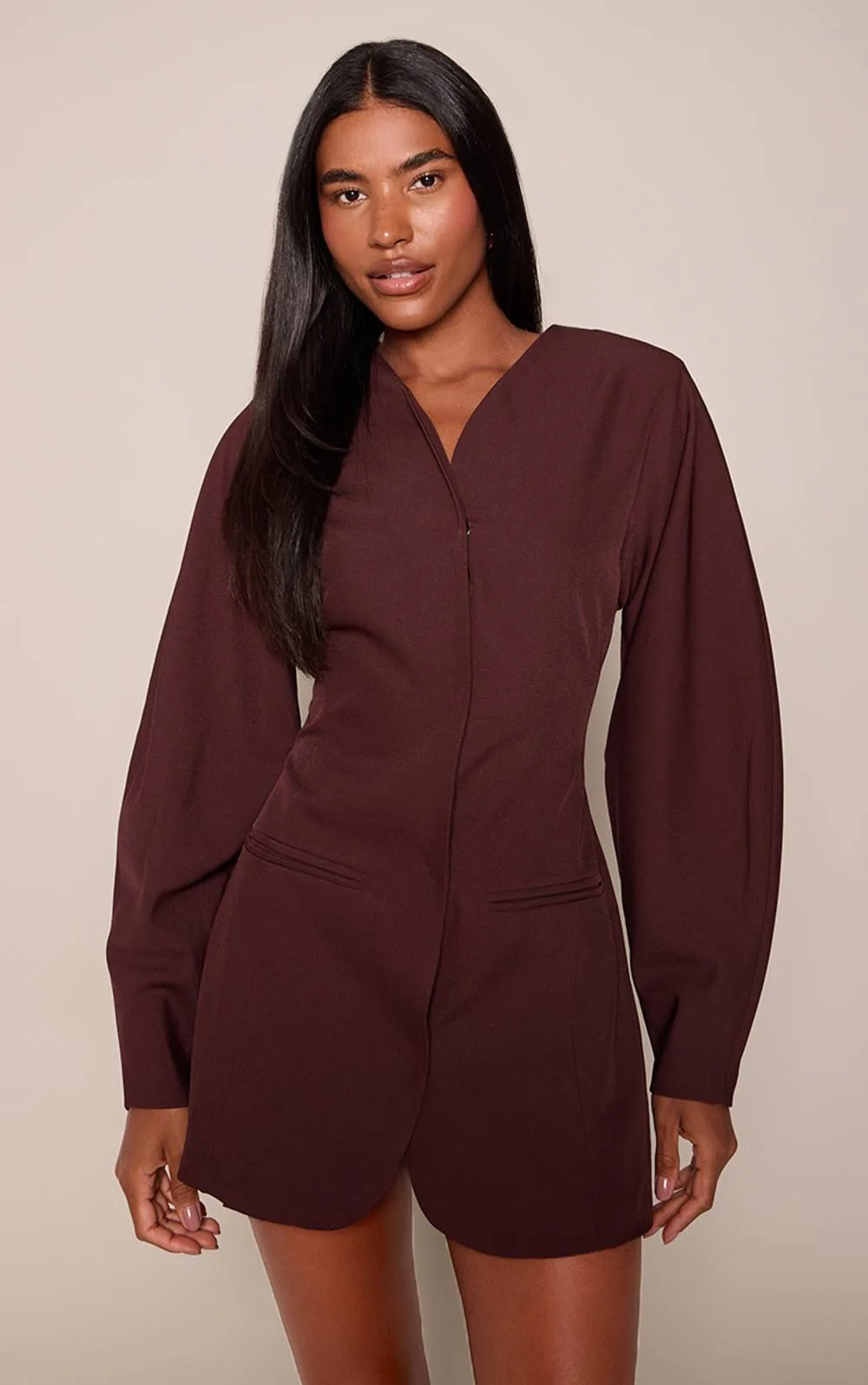 Woven Balloon Sleeve Collarless Blazer Dress