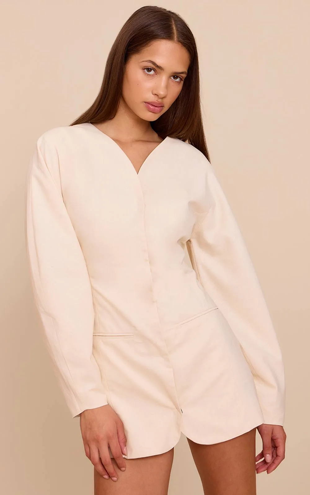Woven Balloon Sleeve Collarless Blazer Dress