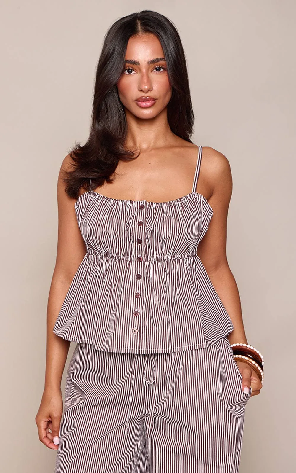 Pinstripe Cotton Ruched Bust Top Co-Ord