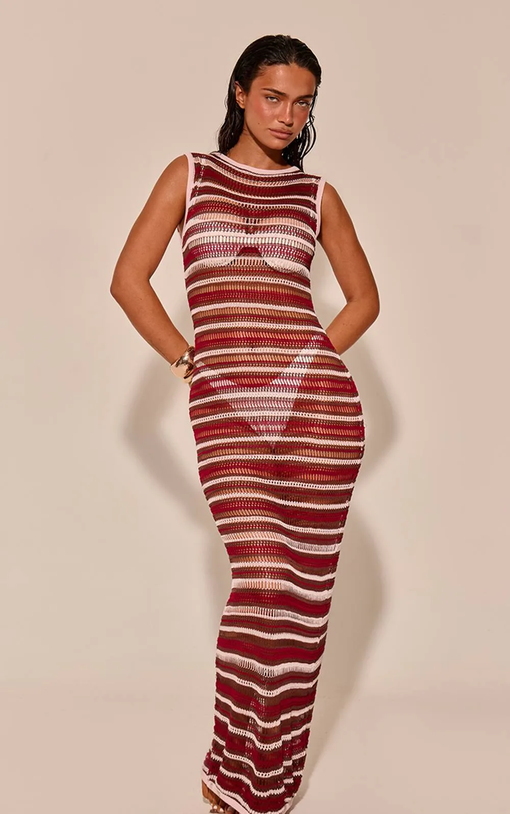 Stripe High Neck Knitted Beach Dress