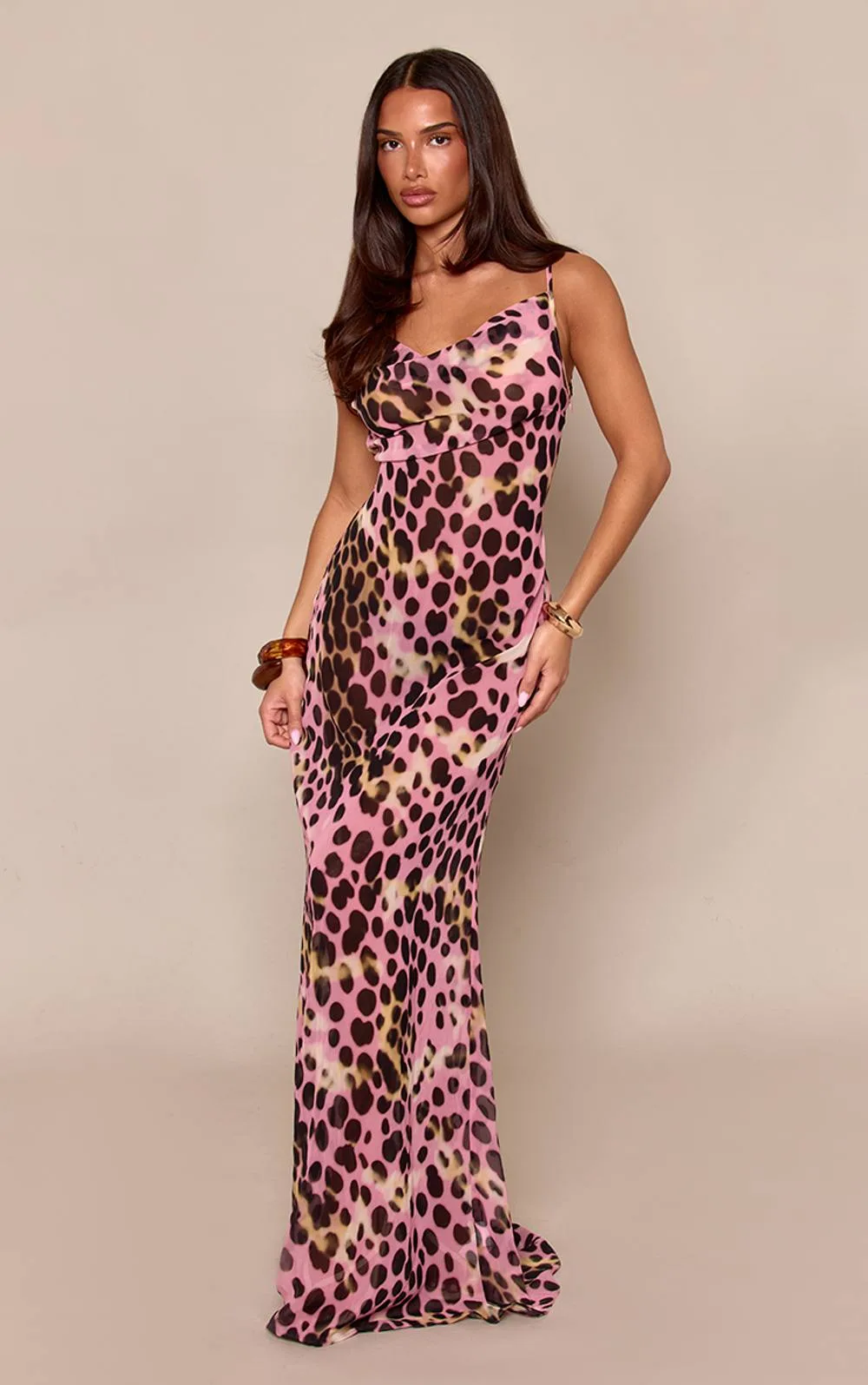 Abstract Print Chiffon Cowl Maxi Slip Dress