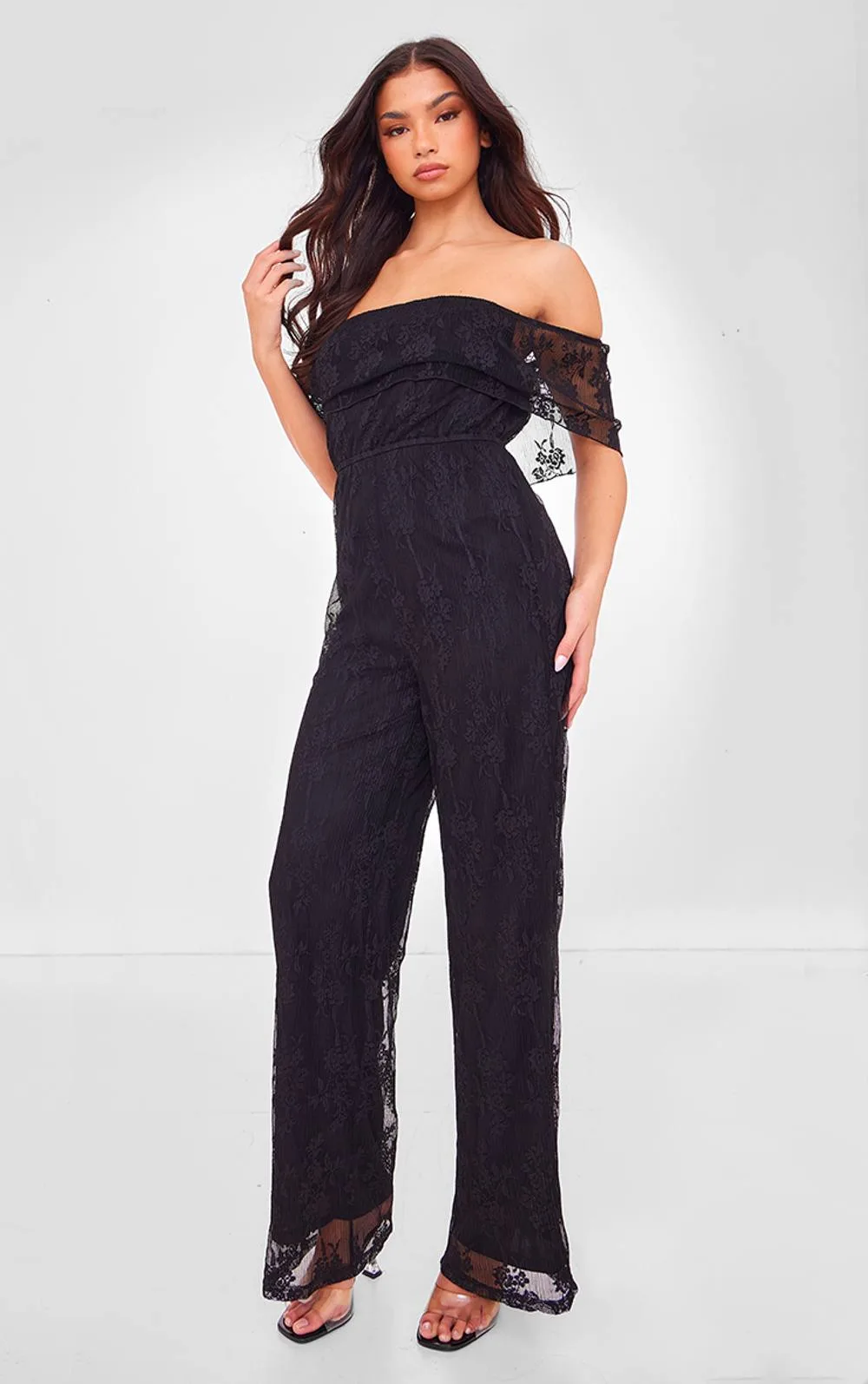 Shimmer Floral Lace Bardot Jumpsuit by PrettyLittleThing