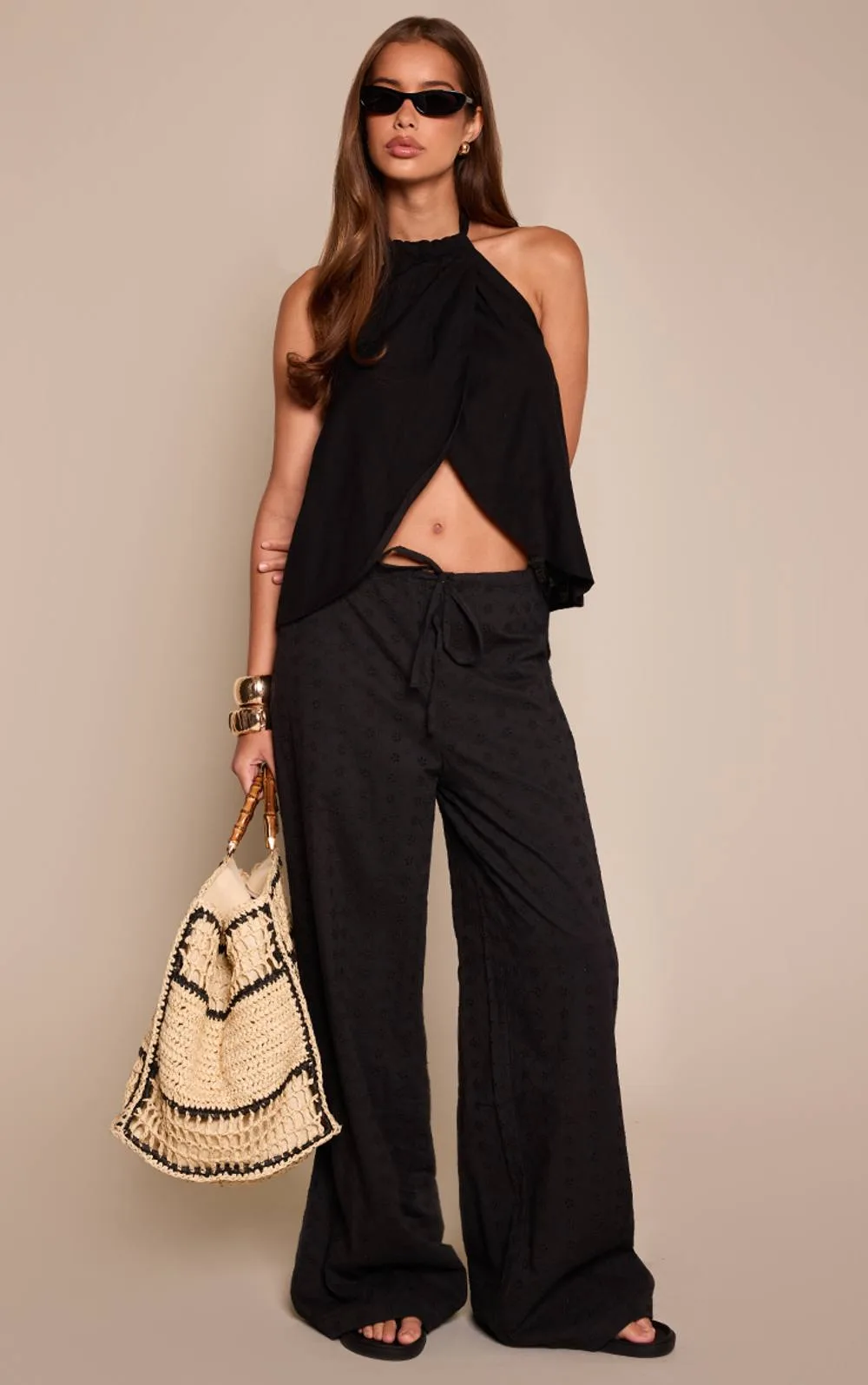 Broderie Drawstring Low Rise Wide Leg Trousers by PrettyLittleThing