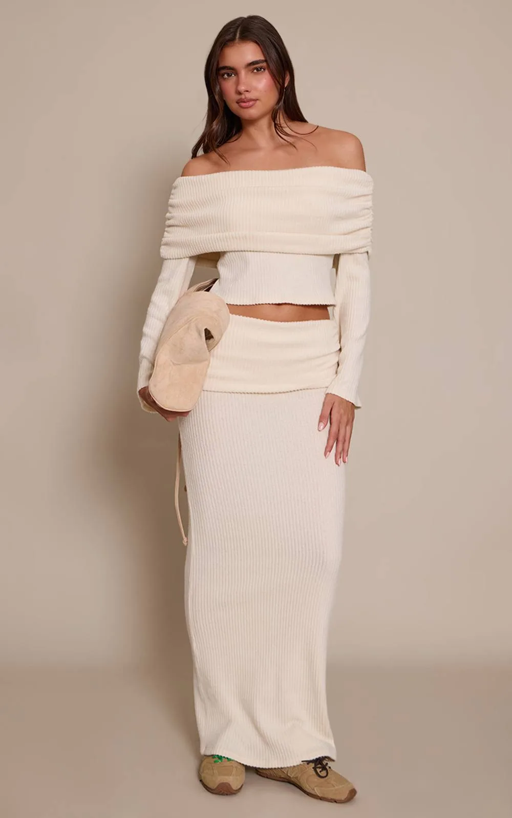 Soft Rib Ruched Fold Over Maxi Skirt Co-Ord