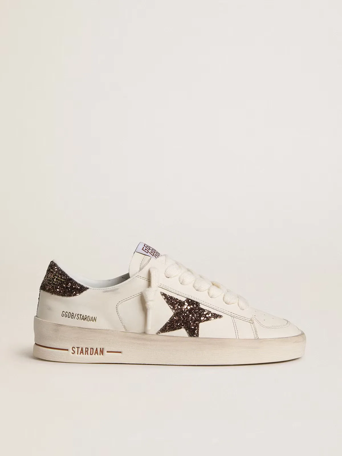 Stardan in White Leather with Brown Glitter Star and Heel Tab by Golden Goose