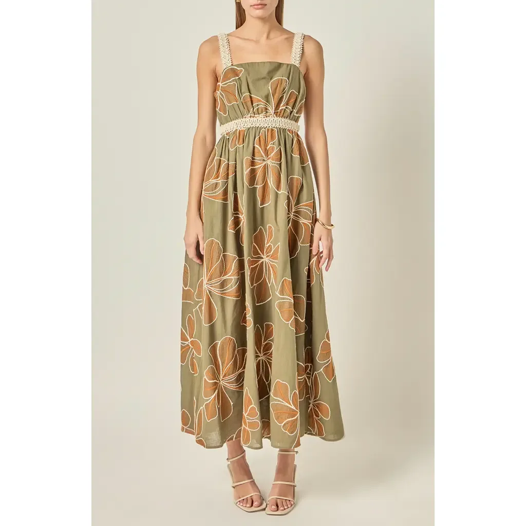 Embroidered Floral Waist Cutout Cotton Maxi Dress by English Factory
