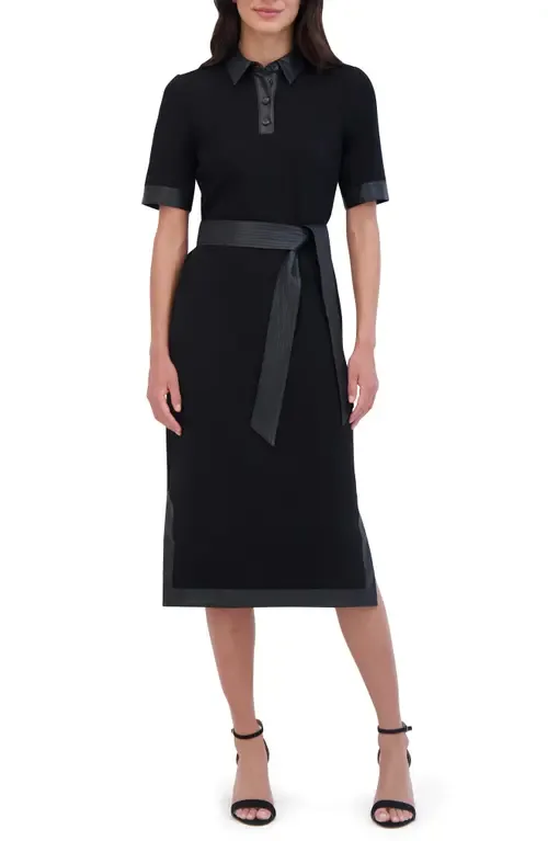 Faux Leather Trim Tie Waist Midi Dress by Eliza J