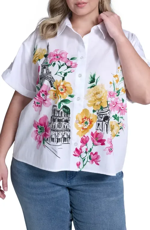 Floral Placement Cotton Poplin Button-Up Shirt by KARL LAGERFELD PARIS
