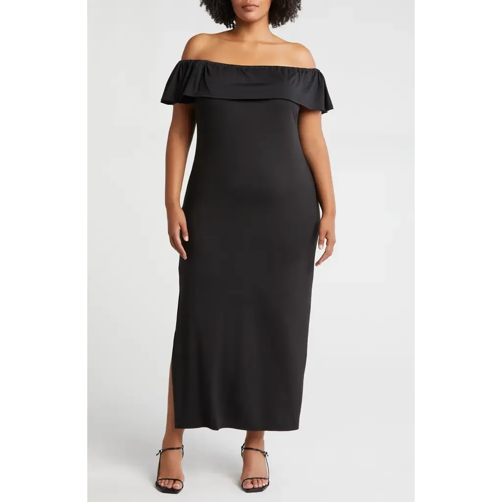Off the Shoulder Jersey Midi Dress by 24seven Comfort Apparel