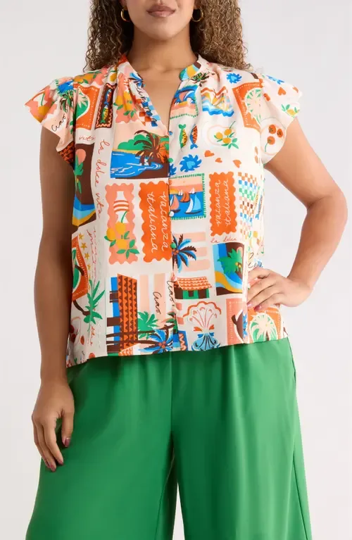 Palm Ruffle Split Neck Blouse by SUGARLIPS