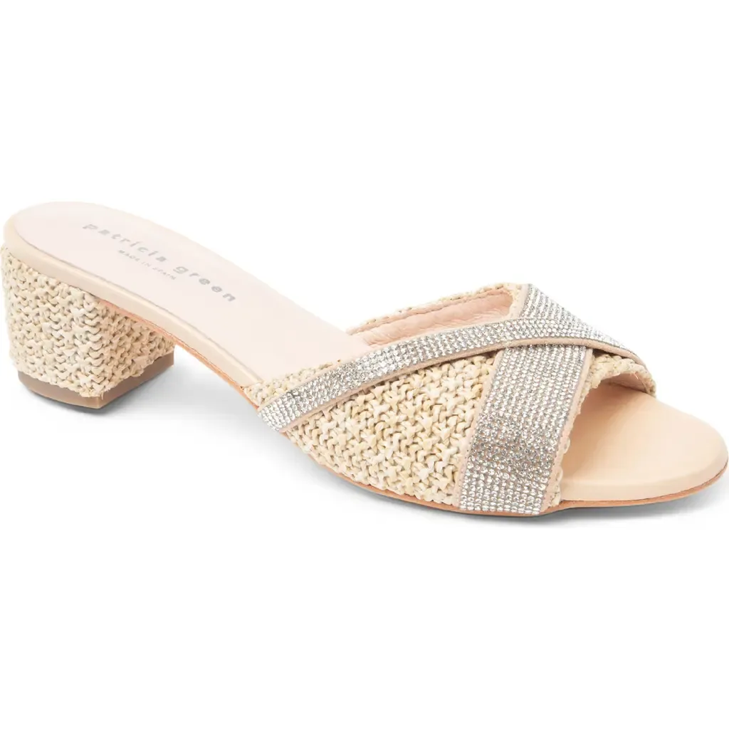 Milan Crystal Block Heel Slide Sandal in Natural Raffia by patricia green