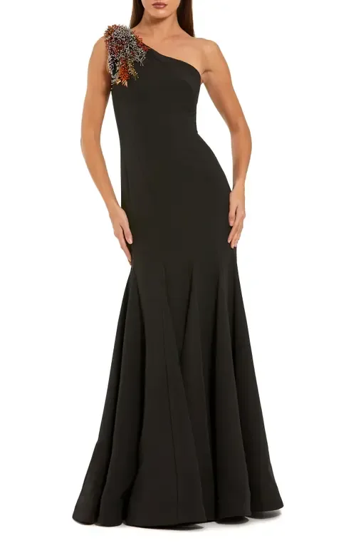 Crepe One Shoulder Beaded Mermaid Gown by Mac Duggal