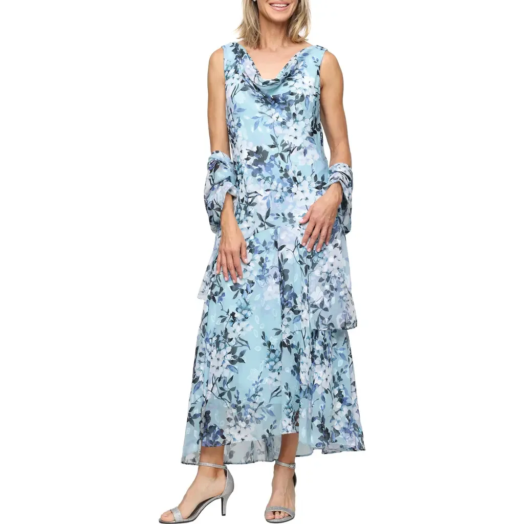 Sleeveless Floral Print Burnout Chiffon Tea-Length Dress by Alex Evenings