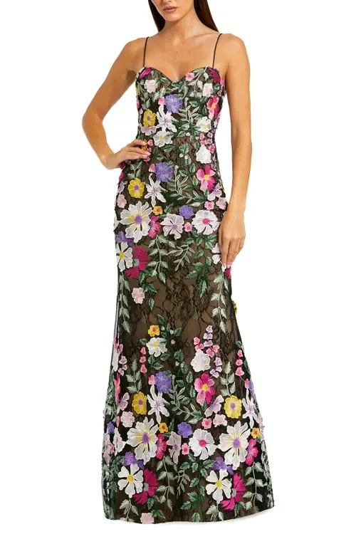 Floral Embroidered Sleeveless Bustier Gown
