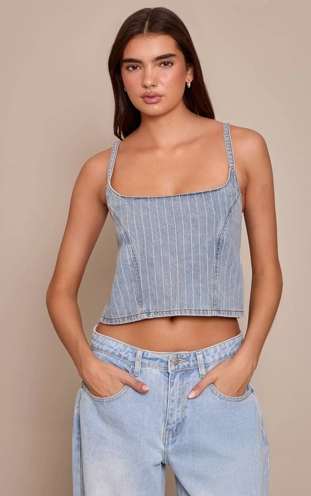 Pinstripe Crop Denim Top by PrettyLittleThing