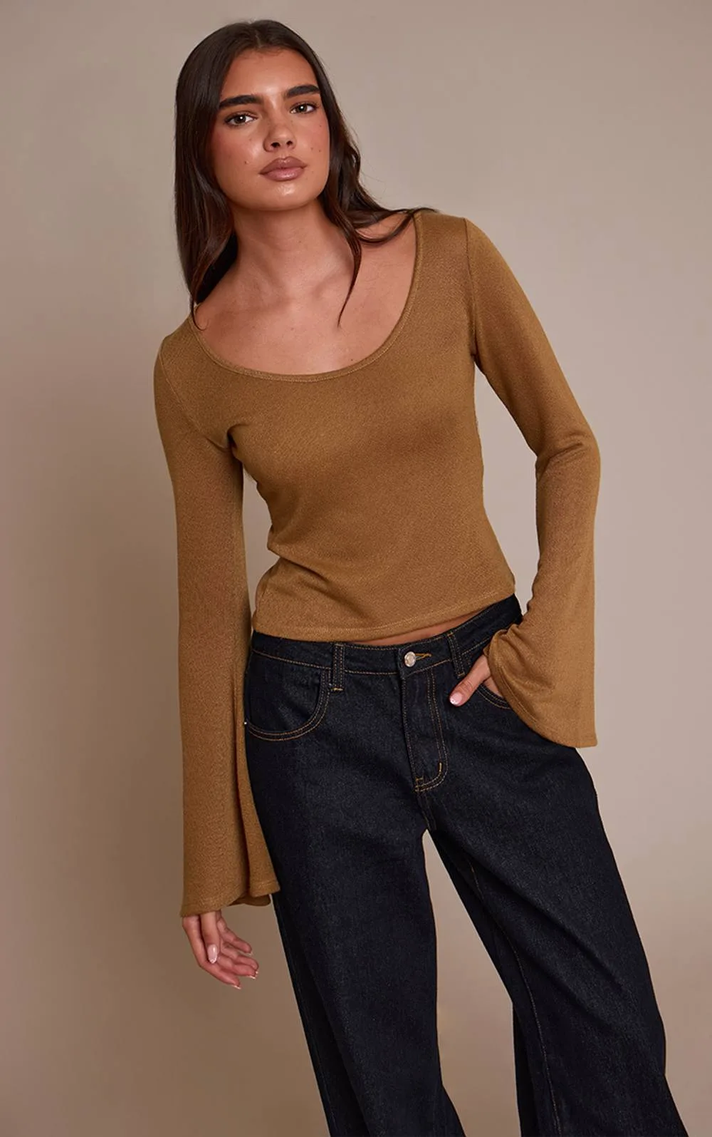 Textured Jersey Scoop Neck Flared Long Sleeve Top