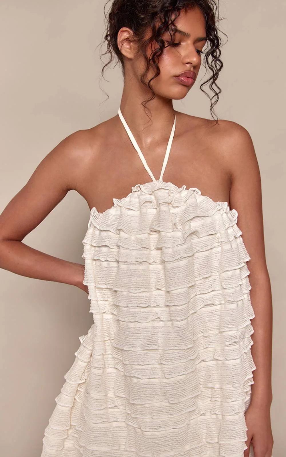 Textured Tiered Halterneck Shift Dress