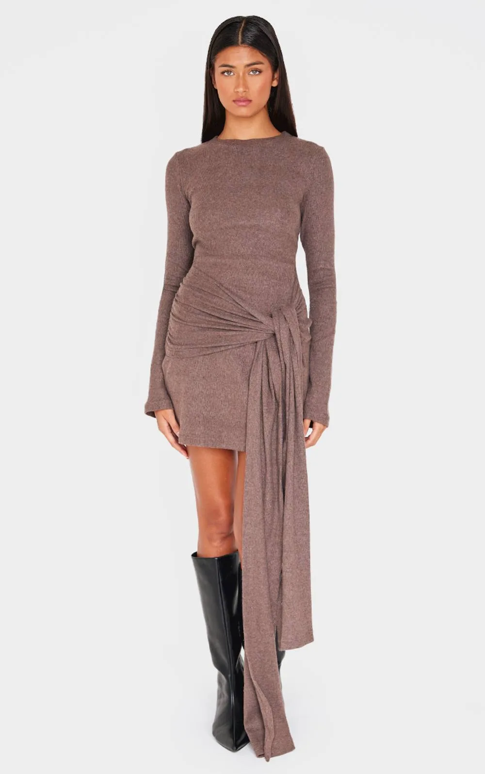 Heavy Brushed Rib Boat Neck Wrap Tie Bodycon Dress