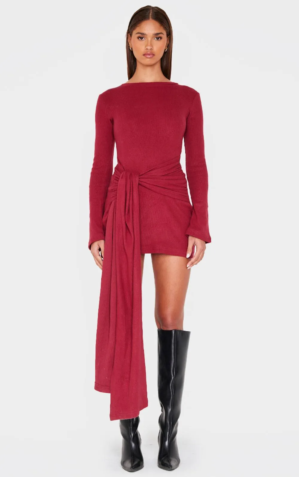 Heavy Brushed Rib Boat Neck Wrap Tie Bodycon Dress