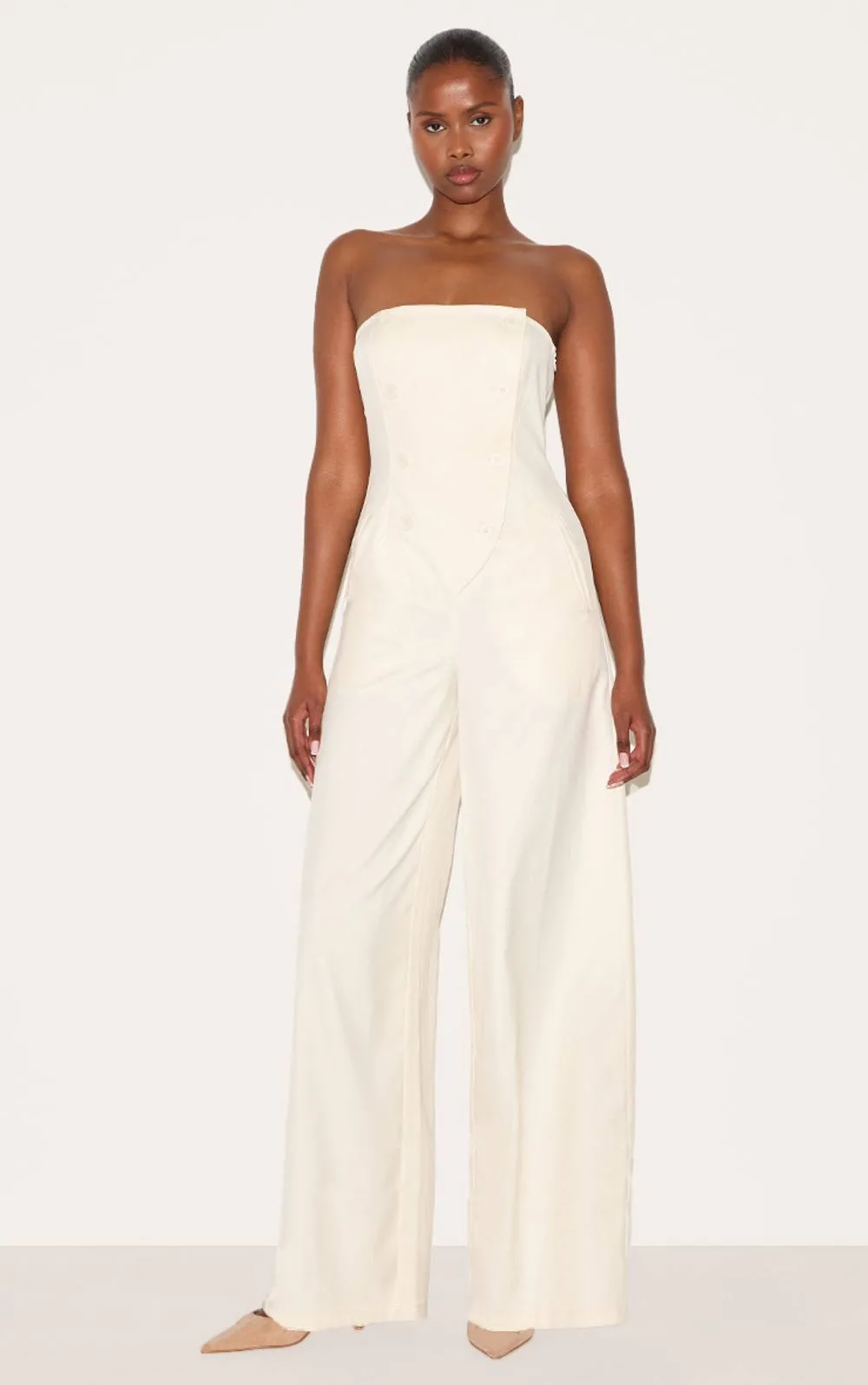 Tailored Woven Button Up Wide Leg Bandeau Jumpsuit
