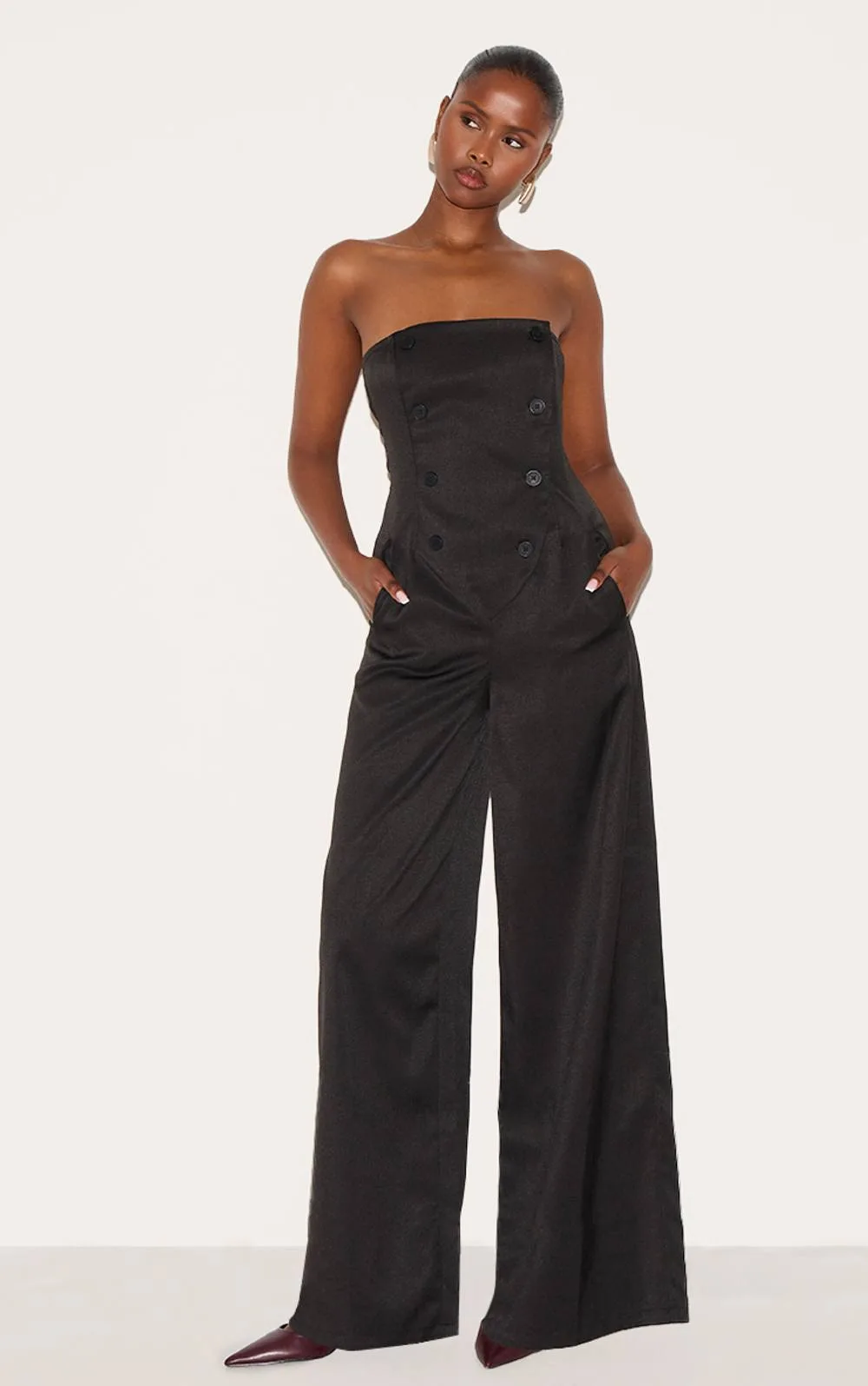 Tailored Woven Button Up Wide Leg Bandeau Jumpsuit