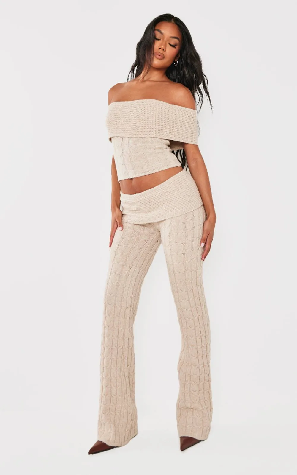 Marl Textured Knit Foldover Wide Leg Trousers by PrettyLittleThing